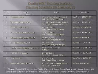 Quality NDT Training Institute. Training Schedule till March-2013