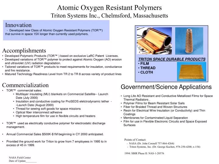 atomic oxygen resistant polymers triton systems inc chelmsford massachusetts