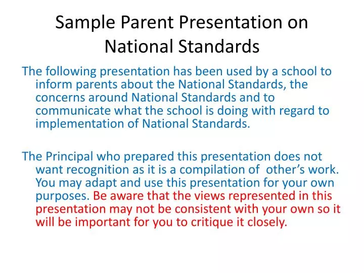 sample parent presentation on national standards