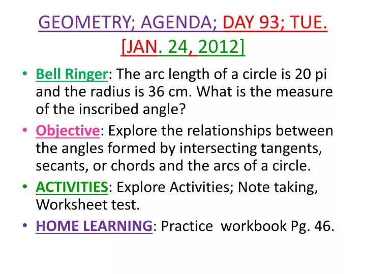 geometry agenda day 93 tue jan 24 2012