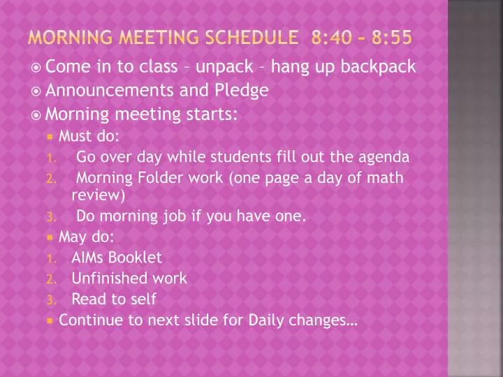 morning meeting schedule 8 40 8 55