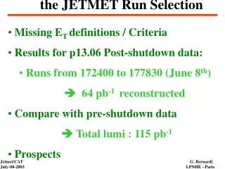 the JETMET Run Selection
