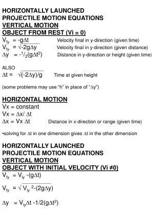 HORIZONTALLY LAUNCHED PROJECTILE MOTION EQUATIONS VERTICAL MOTION OBJECT FROM REST (Vi = 0)