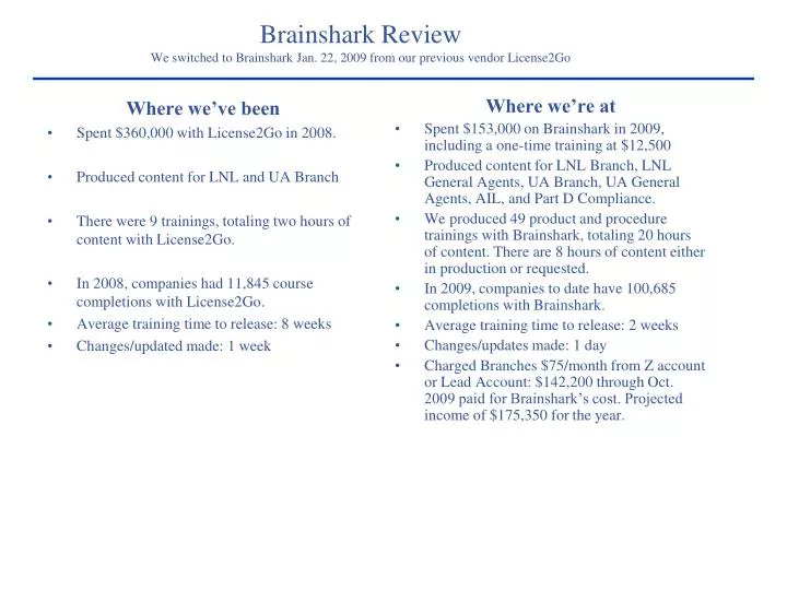 brainshark review we switched to brainshark jan 22 2009 from our previous vendor license2go
