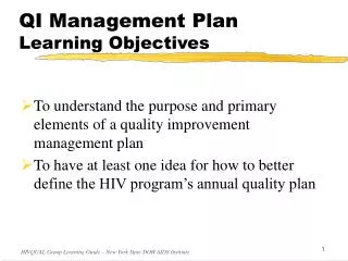 QI Management Plan Learning Objectives