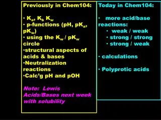 Previously in Chem104: K a , K b K w p -functions (pH, pK a , pK w )