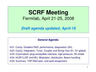 SCRF Meeting Fermilab, April 21-25, 2008 Draft agenda updated, April-19