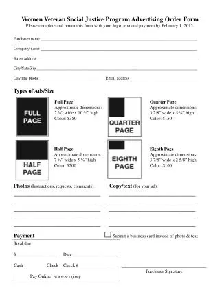 Women Veteran Social Justice Program Advertising Order Form