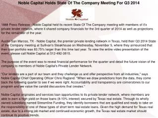 Noble Capital Holds State Of The Company Meeting For Q3 2014