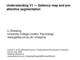 Understanding V1 --- Saliency map and pre-attentive segmentation