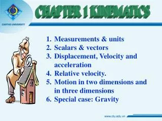 Measurements &amp; units Scalars &amp; vectors Displacement, Velocity and acceleration Relative velocity.