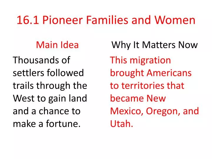 16 1 pioneer families and women