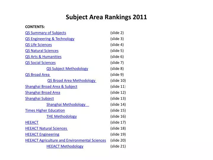 subject area rankings 2011