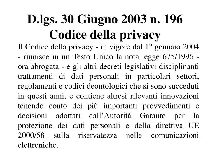 d lgs 30 giugno 2003 n 196 codice della privacy