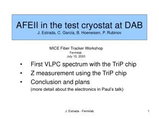 AFEII in the test cryostat at DAB J. Estrada, C. Garcia, B. Hoeneisen, P. Rubinov