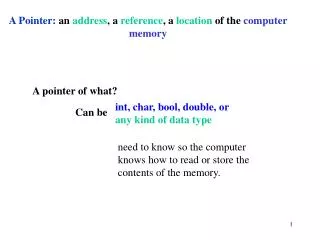 A Pointer: an address , a reference , a location of the computer memory
