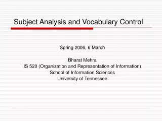 Subject Analysis and Vocabulary Control