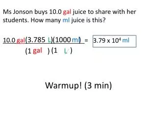 Ms Jonson buys 10.0 gal juice to share with her students. How many ml juice is this?