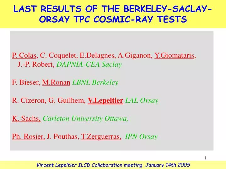 l a st results of the berkeley saclay orsay tpc cosmic ray tests