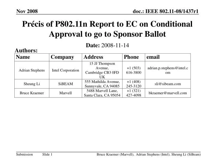 pr cis of p802 11n report to ec on conditional approval to go to sponsor ballot