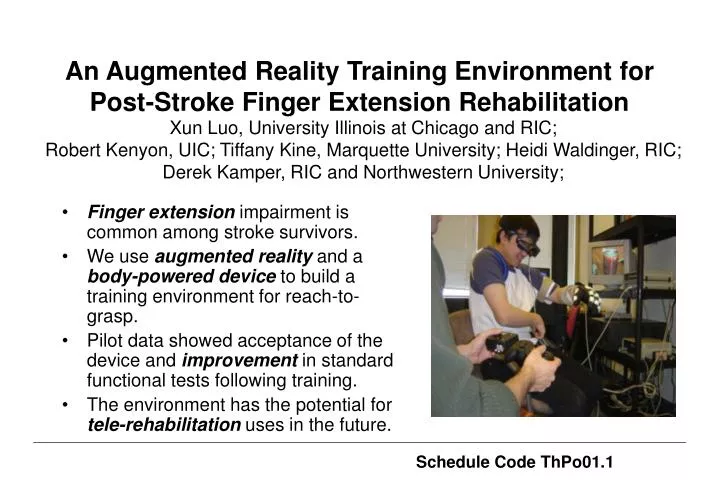 an augmented reality training environment for post stroke finger extension rehabilitation