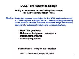 DCLL TBM Reference Design Setting up parameters for the Costing Exercise and