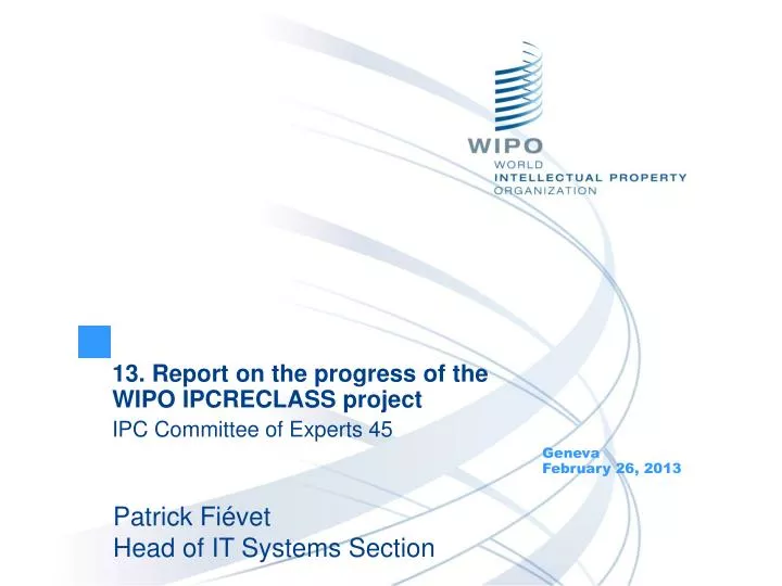 13 report on the progress of the wipo ipcreclass project ipc committee of experts 45