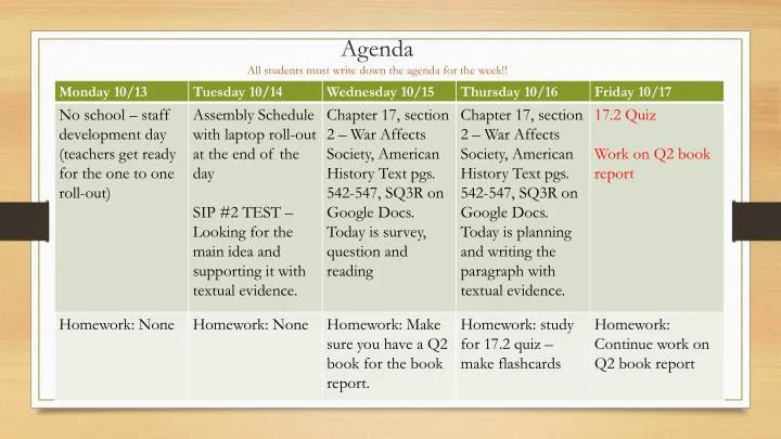 agenda all students must write down the agenda for the week