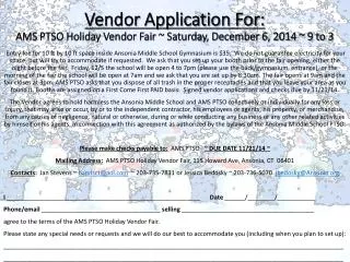 Vendor Application For: AMS PTSO Holiday Vendor Fair ~ Saturday, December 6, 2014 ~ 9 to 3