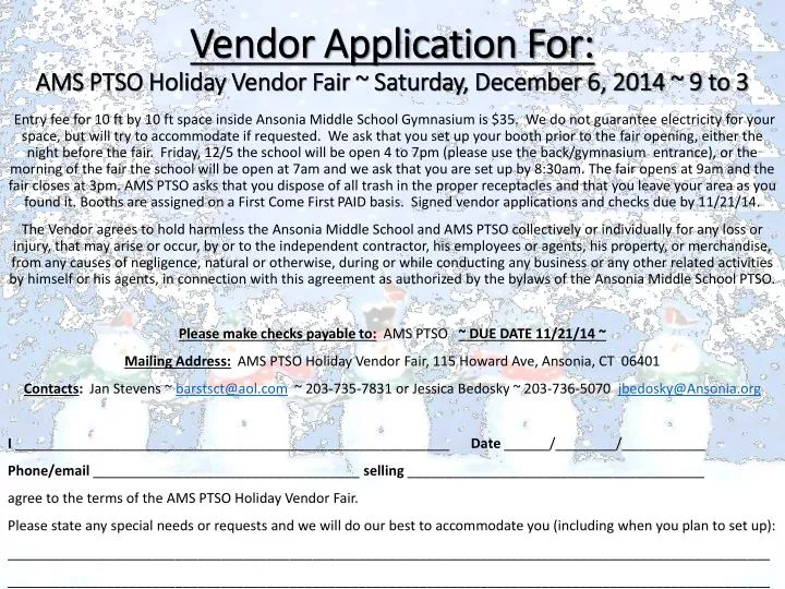 vendor application for ams ptso holiday vendor fair saturday december 6 2014 9 to 3