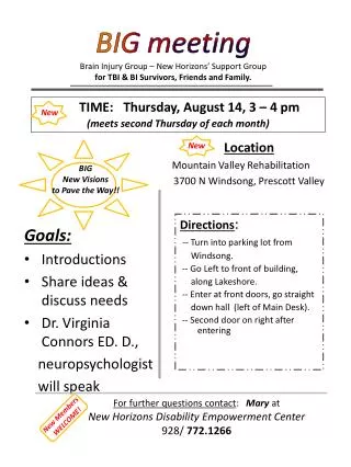 Goals: Introductions Share ideas &amp; discuss needs Dr. Virginia Connors ED. D., neuropsychologist