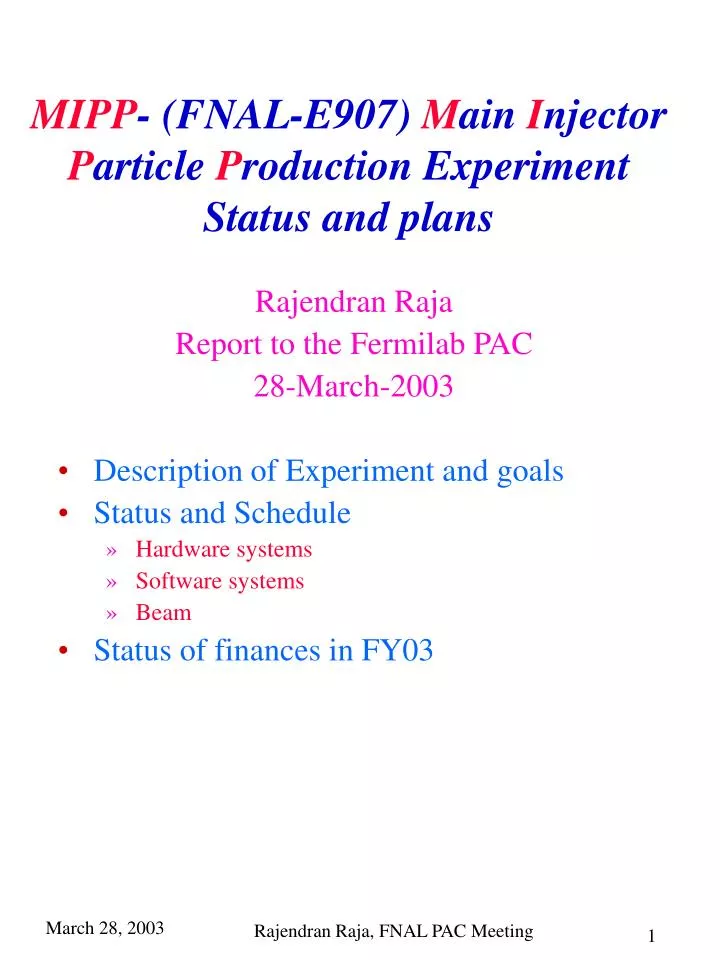 mipp fnal e907 m ain i njector p article p roduction experiment status and plans
