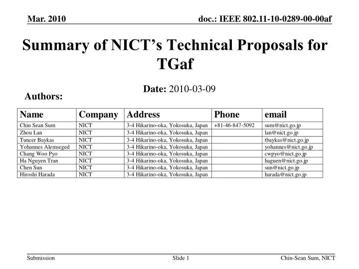 summary of nict s technical proposals for tgaf