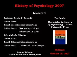 History of Psychology 2007 Lecture 4