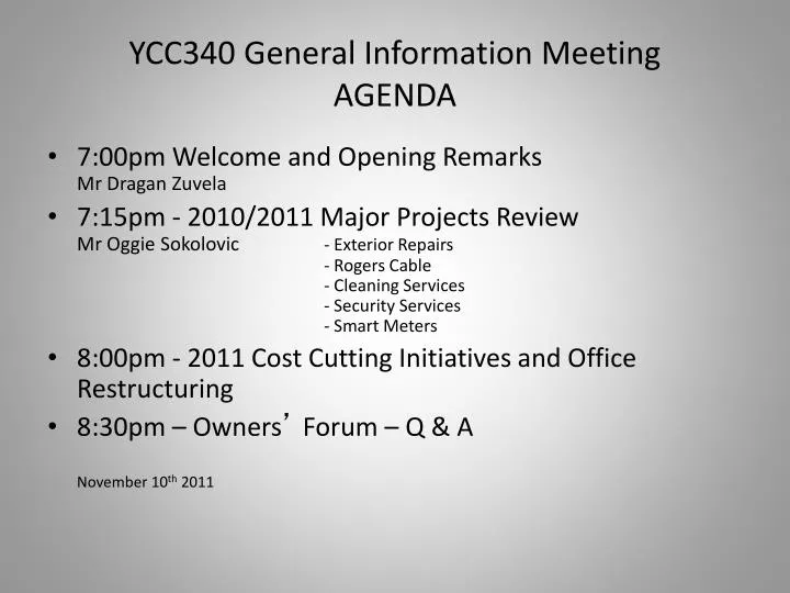 ycc340 general information meeting agenda