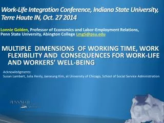 Work-Life Integration Conference, Indiana State University, Terre Haute IN, Oct. 27 2014