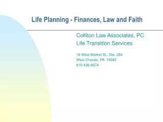Life Planning - Finances, Law and Faith