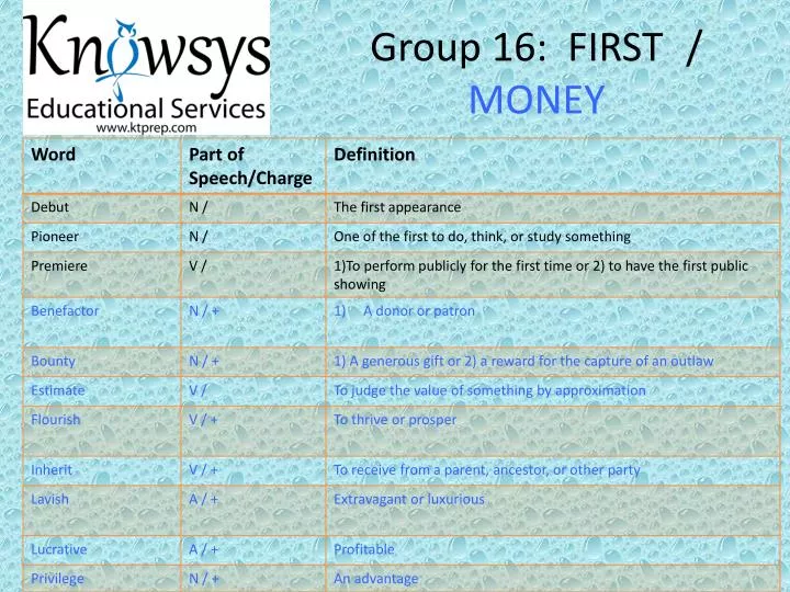group 16 first money