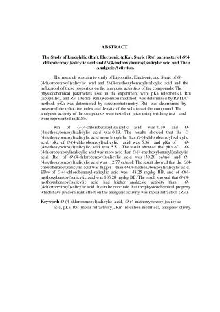 ABSTRACT The Study of Lipophilic (Rm), Electronic (pKa), Steric (R M ) parameter of O (4-