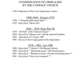 CONDEMNATION OF LIBERALISM BY THE CATHOLIC CHURCH