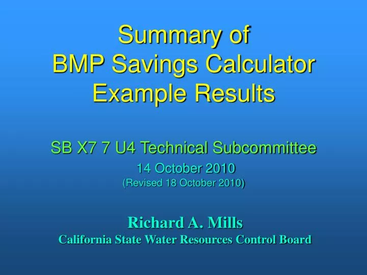summary of bmp savings calculator example results