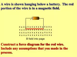 A wire is shown hanging below a battery. The red portion of the wire is in a magnetic field.