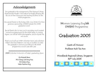 W omen Learning Engl ish (WISH) Programme Graduation 2005 Woodlands Regional Library, Singapore