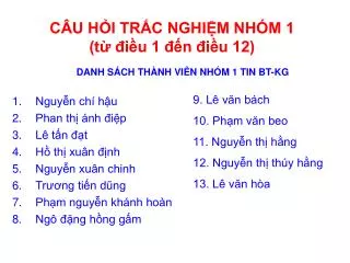 c u h i tr c nghi m nh m 1 t i u 1 n i u 12