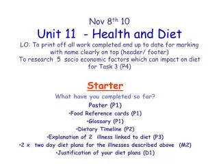 Starter What have you completed so far? Poster (P1) Food Reference cards (P1) Glossary (P1)