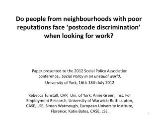 The issue: Unequal employment/unemployment rates in neighbourhoods in the same labour markets