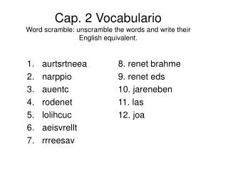 Cap. 2 Vocabulario Word scramble: unscramble the words and write their English equivalent.