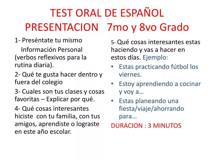 test oral de espa ol presentacion 7mo y 8vo grado