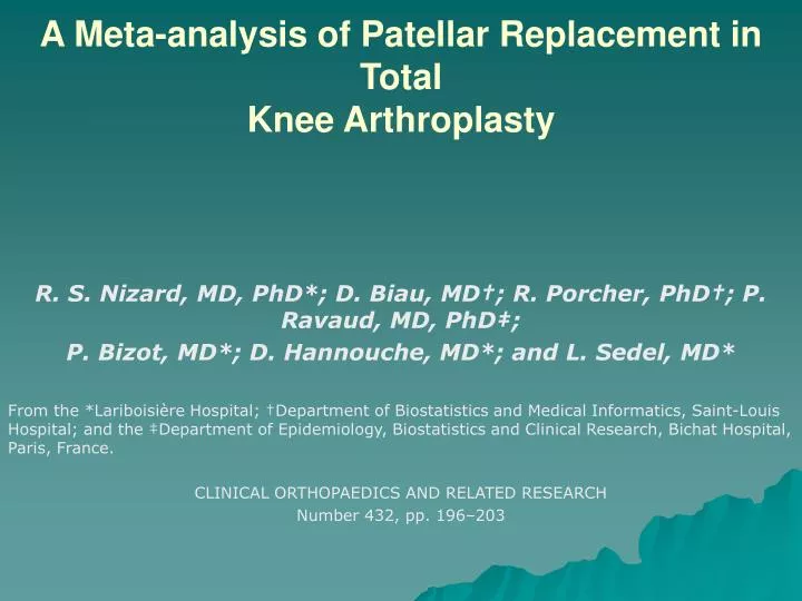 a meta analysis of patellar replacement in total knee arthroplasty
