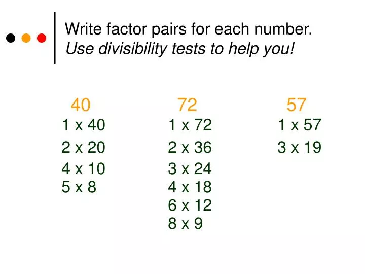 write factor pairs for each number use divisibility tests to help you